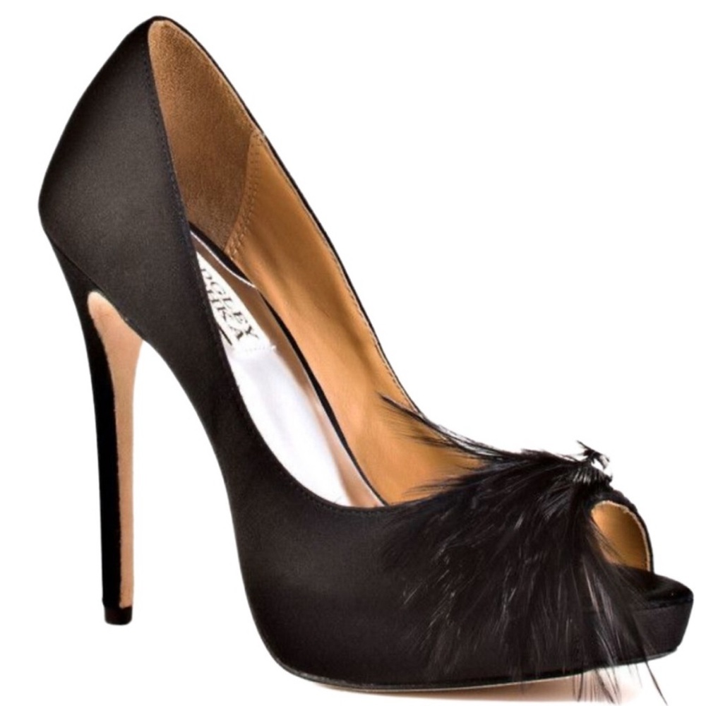 Badgley Mischka Black Satin Heels with Feather Embellishment
